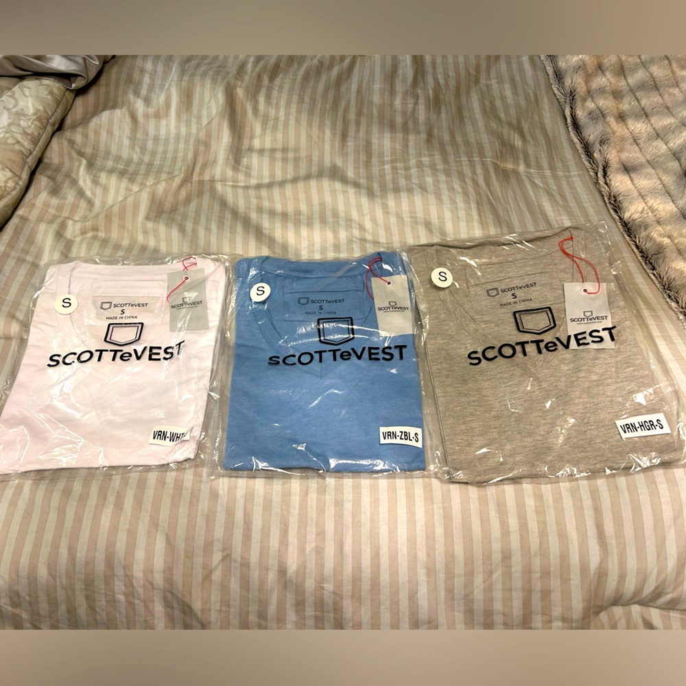 SCOTTeVEST Veronica V-Neck Blue, Grey, White T-Shirt with hidden pocket, Size S